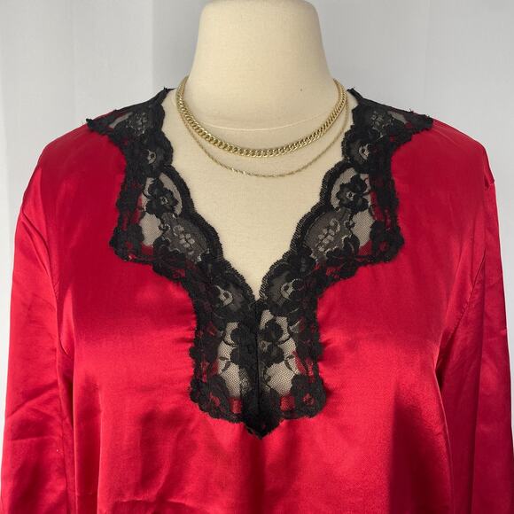 Lingerie Nightgown Size Small Red Satin Black Lace Long Sleeve Sleep Silky Sexy - Picture 3 of 15